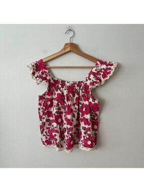 Jennifer & Grace Pink Floral Flutter Sleeve Cotton Blouse Women's Size Small